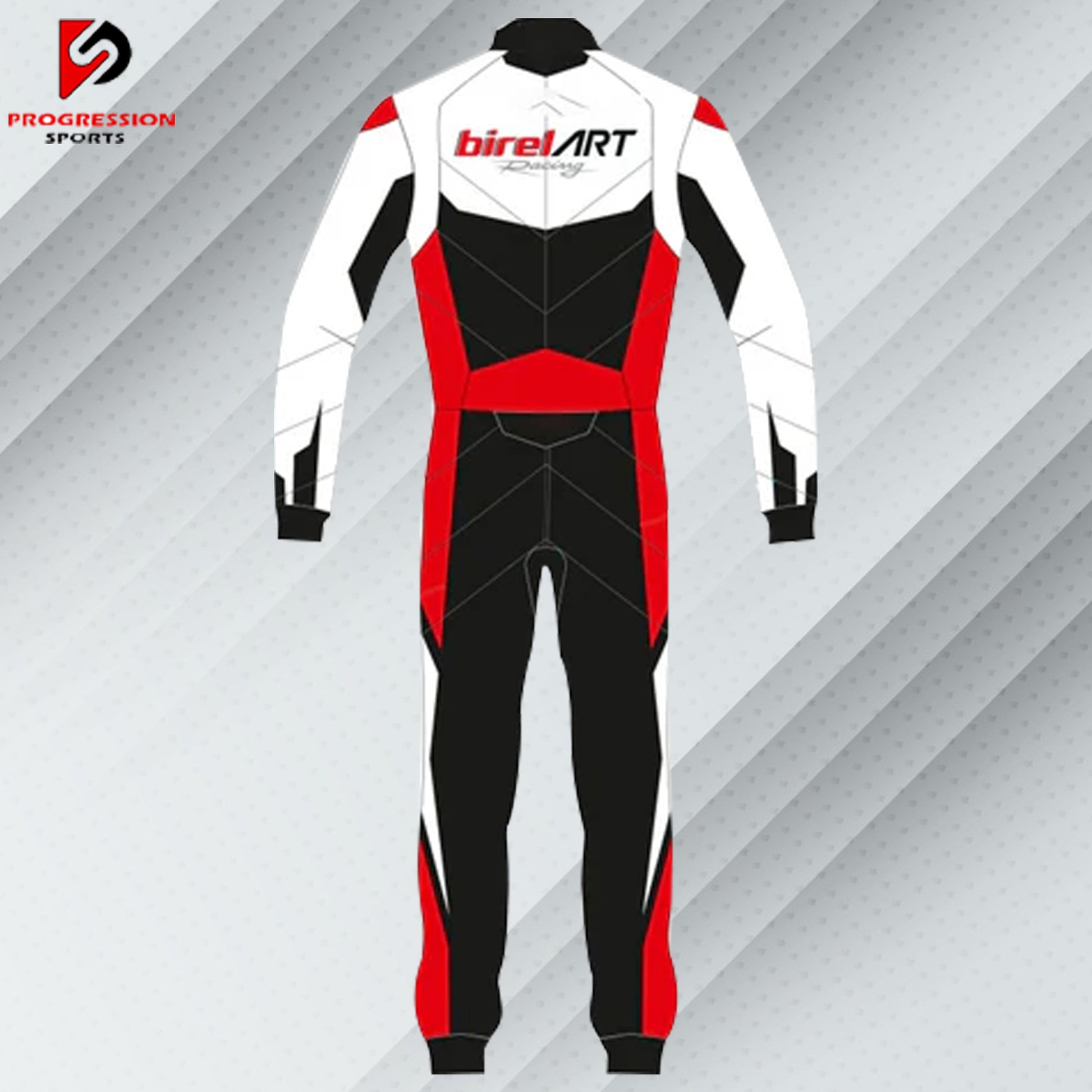 "Red and white Birel Art racing suit featuring bold black accents, designed for high performance and comfort on the track, available at Progression Sports."