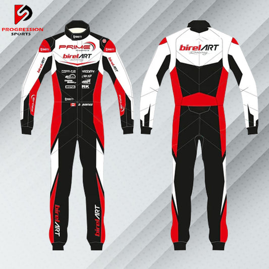 "Red and white Birel Art racing suit featuring bold black accents, designed for high performance and comfort on the track, available at Progression Sports."
