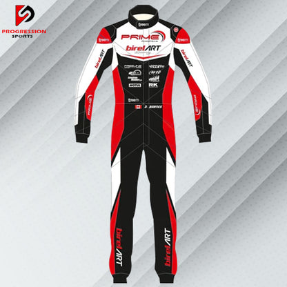 "Red and white Birel Art racing suit featuring bold black accents, designed for high performance and comfort on the track, available at Progression Sports."