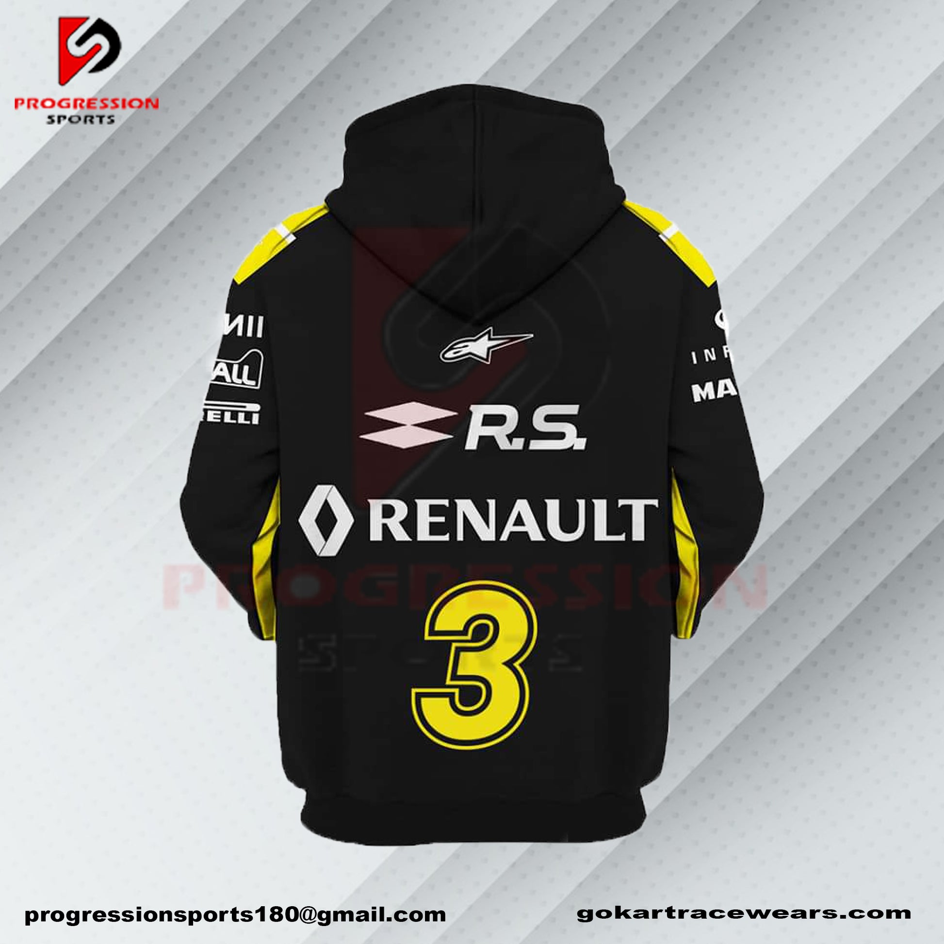 A F1 hoodie designed by Progression Sports, showcasing bold racing-inspired graphics. The hoodie features advanced printing technology for crisp, vibrant designs, a tailored fit for comfort, and durable, breathable fabric. Personalized name and flag options available.