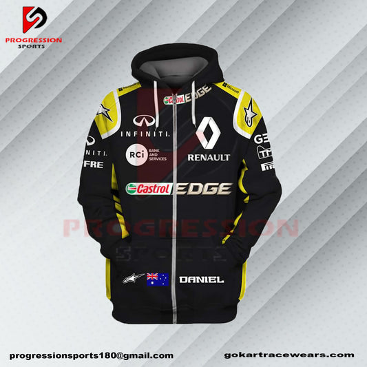 A F1 hoodie designed by Progression Sports, showcasing bold racing-inspired graphics. The hoodie features advanced printing technology for crisp, vibrant designs, a tailored fit for comfort, and durable, breathable fabric. Personalized name and flag options available.