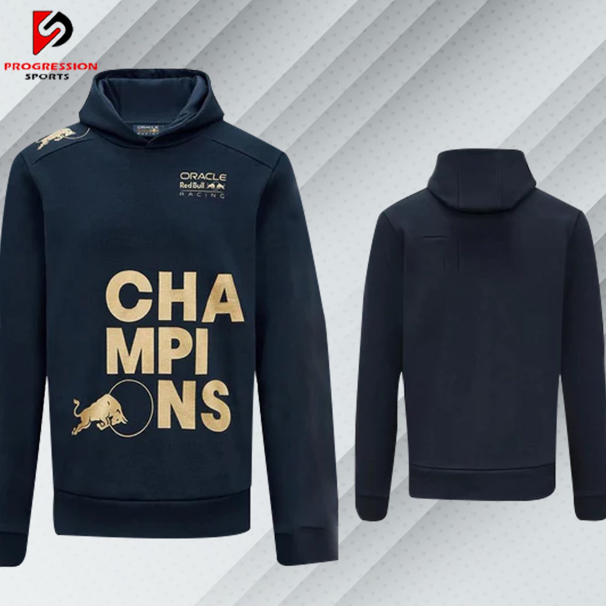 A F1 hoodie designed by Progression Sports, showcasing bold racing-inspired graphics. The hoodie features advanced printing technology for crisp, vibrant designs, a tailored fit for comfort, and durable, breathable fabric. Personalized name and flag options available.