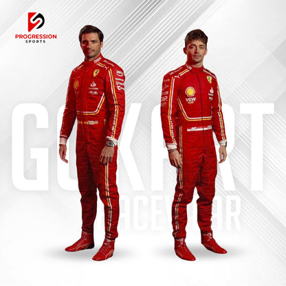 The 2024 Ferrari F1 racing suit features a striking red design, synonymous with the iconic Scuderia Ferrari brand. Constructed from high-performance, flame-resistant materials, it provides superior safety and comfort for drivers. The suit is adorned with Ferrari’s prancing horse logo and prominent sponsor branding, embodying the team’s rich legacy and cutting-edge technology.