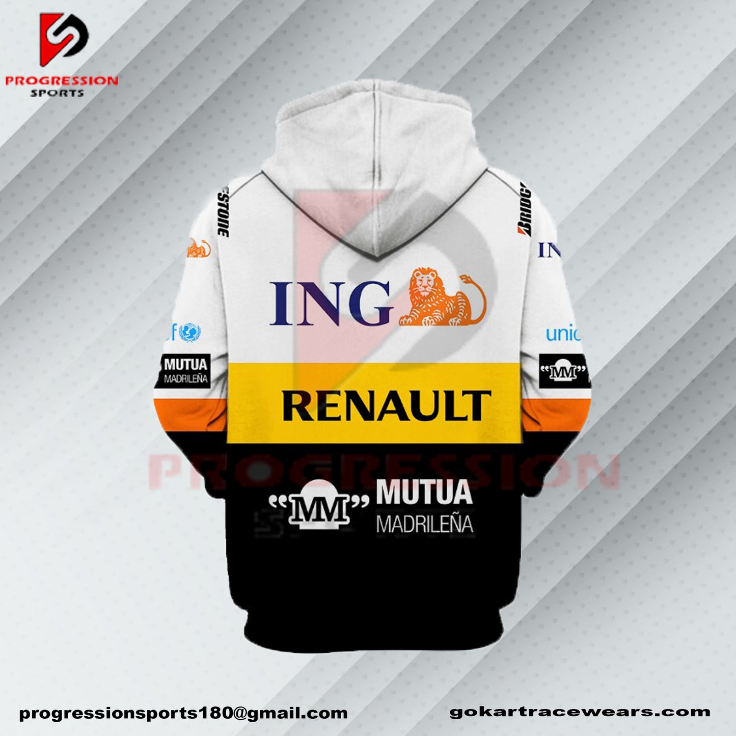 A F1 hoodie designed by Progression Sports, showcasing bold racing-inspired graphics. The hoodie features advanced printing technology for crisp, vibrant designs, a tailored fit for comfort, and durable, breathable fabric. Personalized name and flag options available.