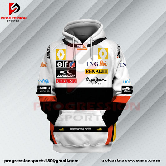 A F1 hoodie designed by Progression Sports, showcasing bold racing-inspired graphics. The hoodie features advanced printing technology for crisp, vibrant designs, a tailored fit for comfort, and durable, breathable fabric. Personalized name and flag options available.