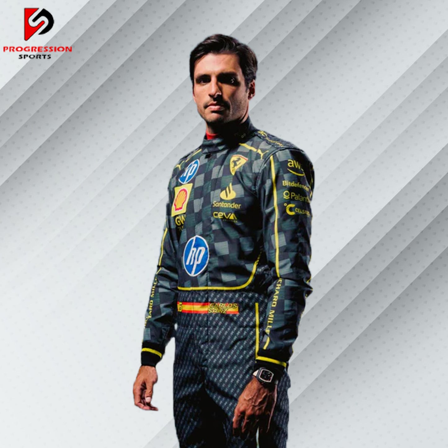 "Ferrari F1 race suit featuring a vibrant red design with the iconic Ferrari logo and sponsor branding. The suit is crafted from high-performance materials for maximum comfort and safety, with a sleek, aerodynamic fit and advanced protection features for professional racing."