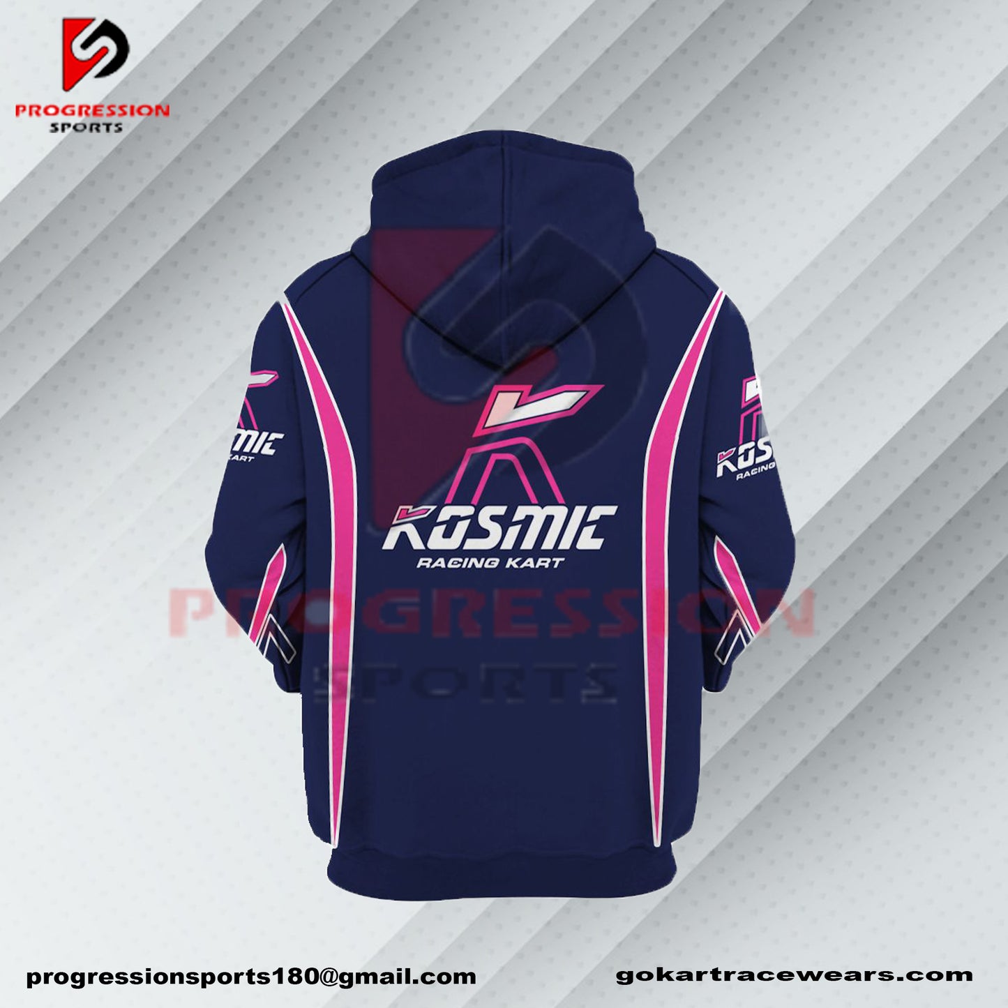 A F1 hoodie designed by Progression Sports, showcasing bold racing-inspired graphics. The hoodie features advanced printing technology for crisp, vibrant designs, a tailored fit for comfort, and durable, breathable fabric. Personalized name and flag options available.