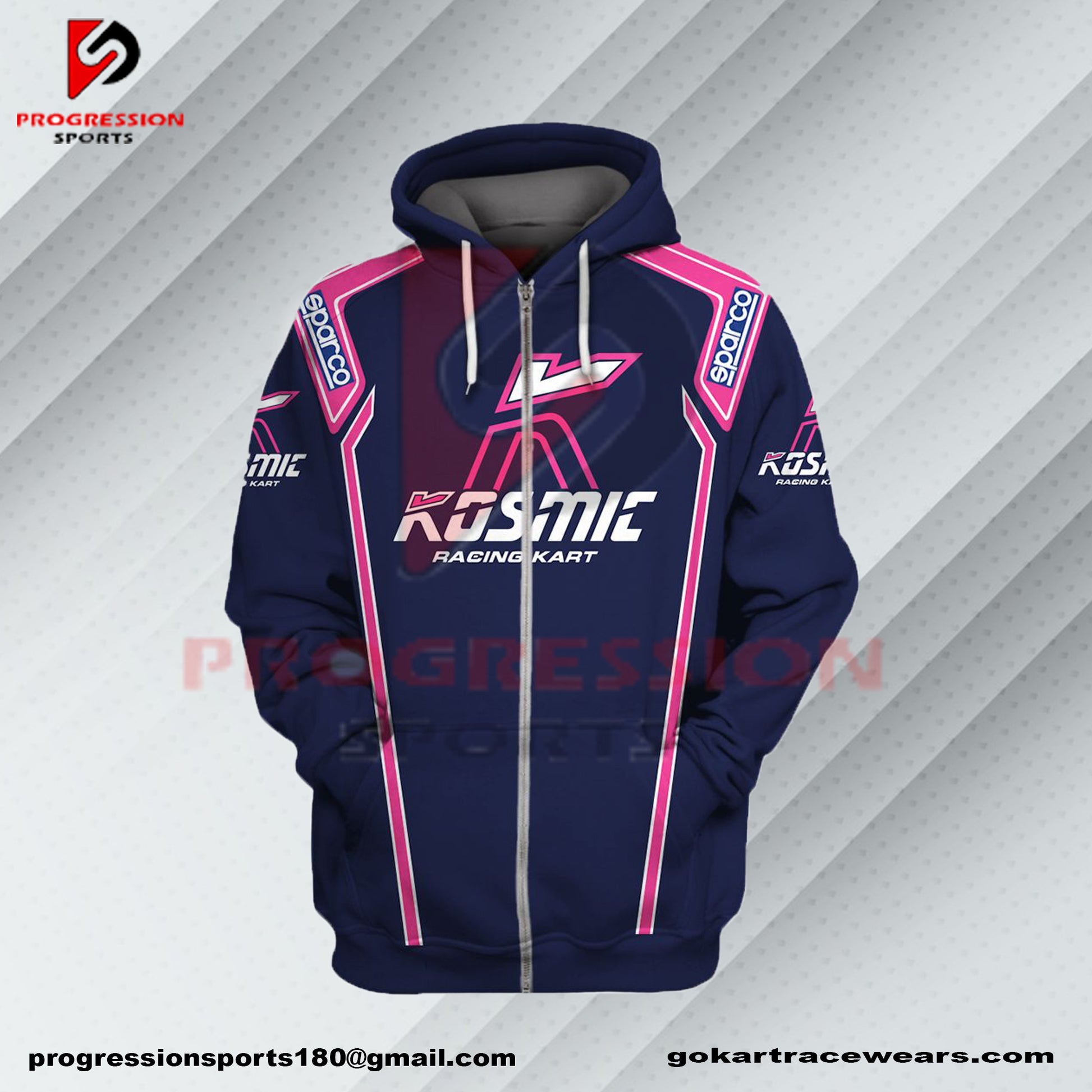 A F1 hoodie designed by Progression Sports, showcasing bold racing-inspired graphics. The hoodie features advanced printing technology for crisp, vibrant designs, a tailored fit for comfort, and durable, breathable fabric. Personalized name and flag options available.