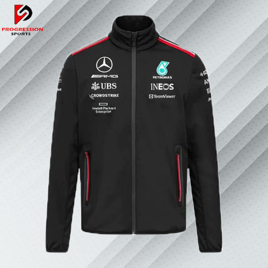 "Black Mercedes AMG jacket designed by Progression Sports, featuring premium embroidery, tailored fit, and customizable details for a sleek and stylish look on and off the track."