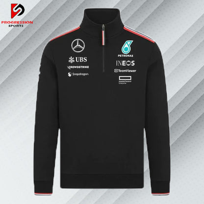 "Black Mercedes AMG jacket designed by Progression Sports, featuring premium embroidery, tailored fit, and customizable details for a sleek and stylish look on and off the track."