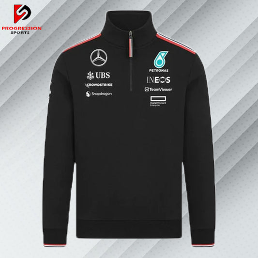 "Black Mercedes AMG jacket designed by Progression Sports, featuring premium embroidery, tailored fit, and customizable details for a sleek and stylish look on and off the track."