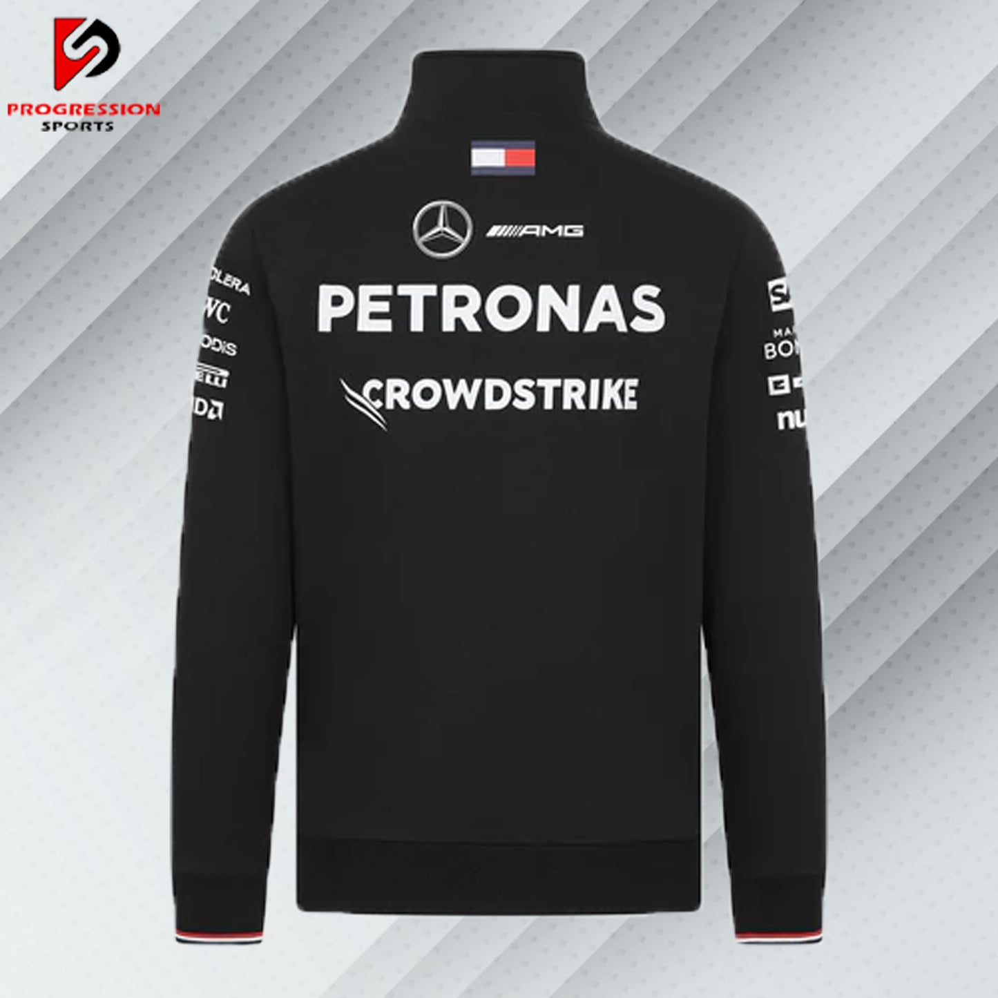 "Black Mercedes AMG jacket designed by Progression Sports, featuring premium embroidery, tailored fit, and customizable details for a sleek and stylish look on and off the track."