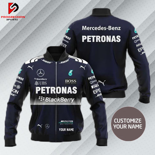 "Black Mercedes AMG jacket designed by Progression Sports, featuring premium embroidery, tailored fit, and customizable details for a sleek and stylish look on and off the track."