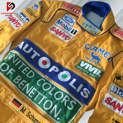 In 1992, Michael Schumacher appeared in F1 kit, sporting the Benetton Ford colours, its brightest shades of green, blue, and yellow, accompanied by a plethora of sponsors on the body. Once more the bodywork was named after Michael Schumacher. By this shirt we would like to let people taste the early days of the times of Michael Schumacher in Formula 1.