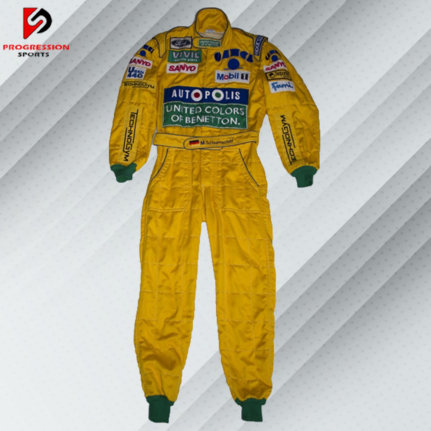 In 1992, Michael Schumacher appeared in F1 kit, sporting the Benetton Ford colours, its brightest shades of green, blue, and yellow, accompanied by a plethora of sponsors on the body. Once more the bodywork was named after Michael Schumacher. By this shirt we would like to let people taste the early days of the times of Michael Schumacher in Formula 1.