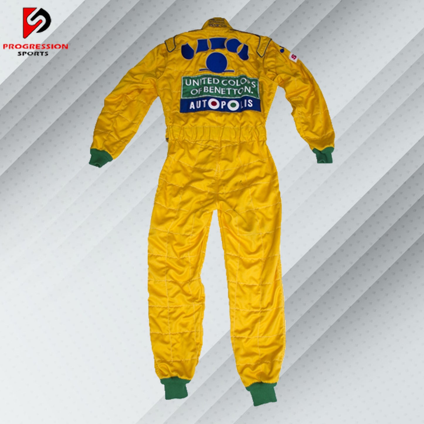 In 1992, Michael Schumacher appeared in F1 kit, sporting the Benetton Ford colours, its brightest shades of green, blue, and yellow, accompanied by a plethora of sponsors on the body. Once more the bodywork was named after Michael Schumacher. By this shirt we would like to let people taste the early days of the times of Michael Schumacher in Formula 1.