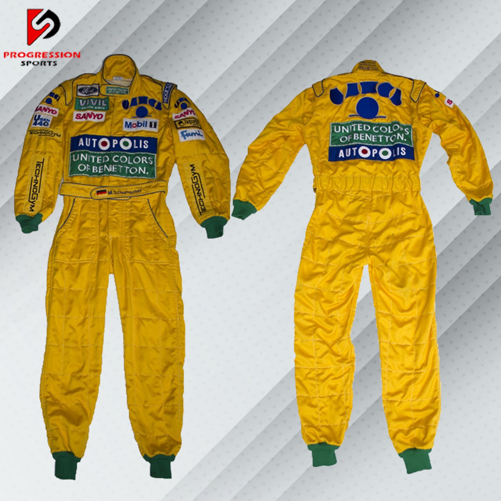 In 1992, Michael Schumacher appeared in F1 kit, sporting the Benetton Ford colours, its brightest shades of green, blue, and yellow, accompanied by a plethora of sponsors on the body. Once more the bodywork was named after Michael Schumacher. By this shirt we would like to let people taste the early days of the times of Michael Schumacher in Formula 1.