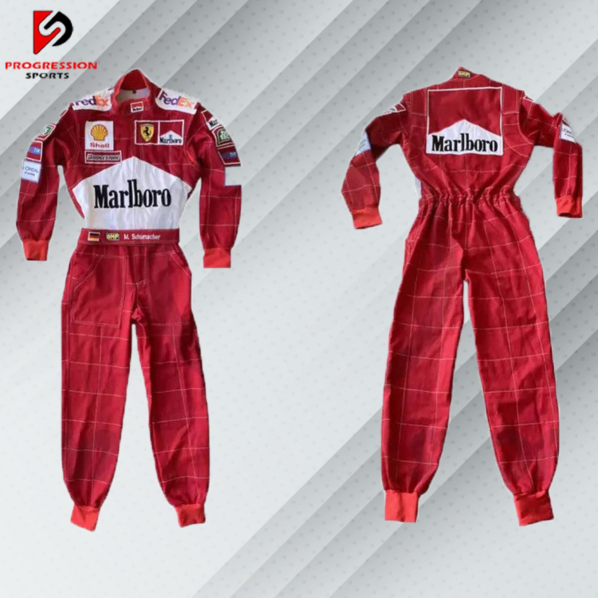 2001 Michael Schumacher F1 race suit in Ferrari's signature red, featuring prominent sponsor logos including Marlboro and Shell. The suit showcases Schumacher's name and iconic details from his dominant season, capturing the spirit of his championship-winning era with Ferrari.