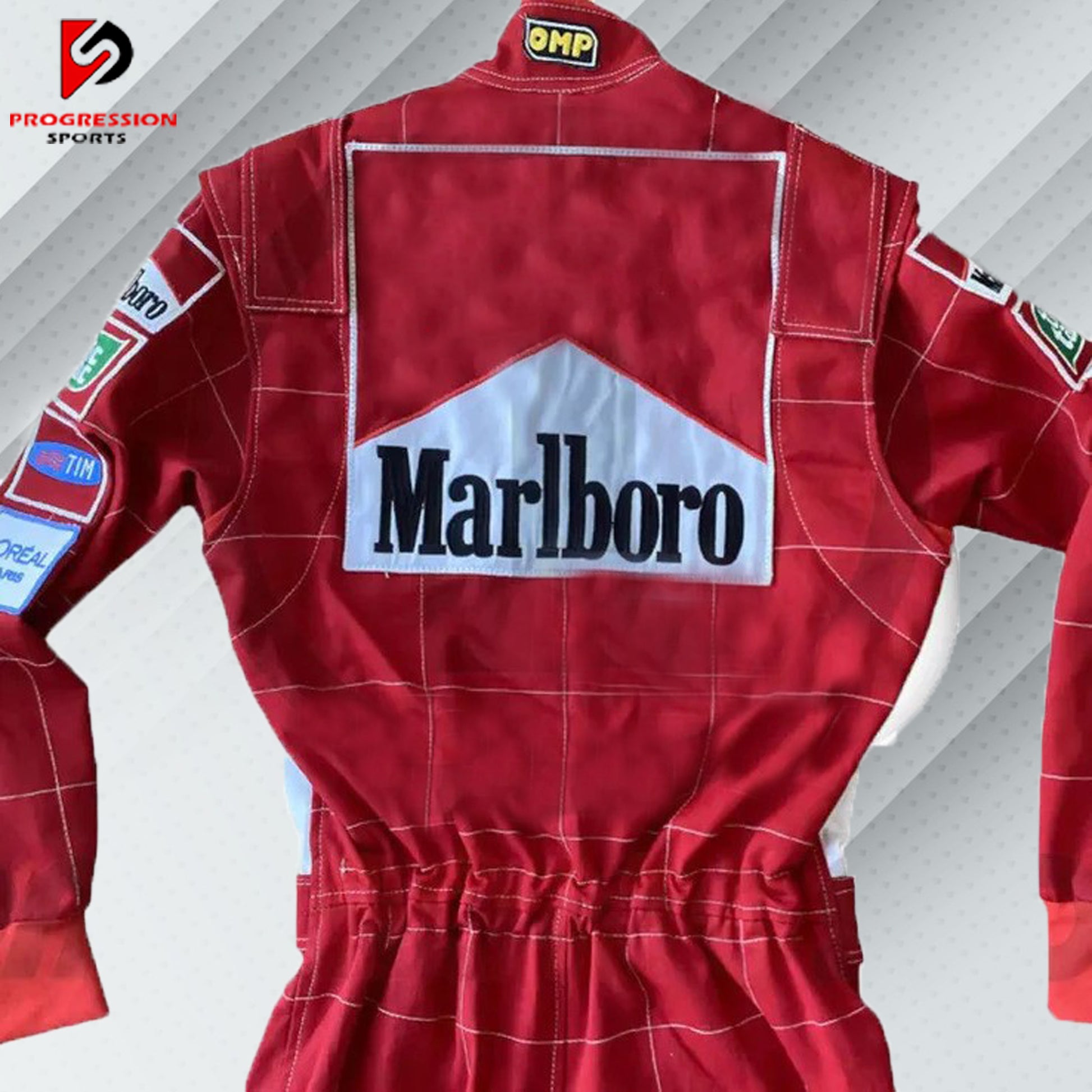 2001 Michael Schumacher F1 race suit in Ferrari's signature red, featuring prominent sponsor logos including Marlboro and Shell. The suit showcases Schumacher's name and iconic details from his dominant season, capturing the spirit of his championship-winning era with Ferrari.