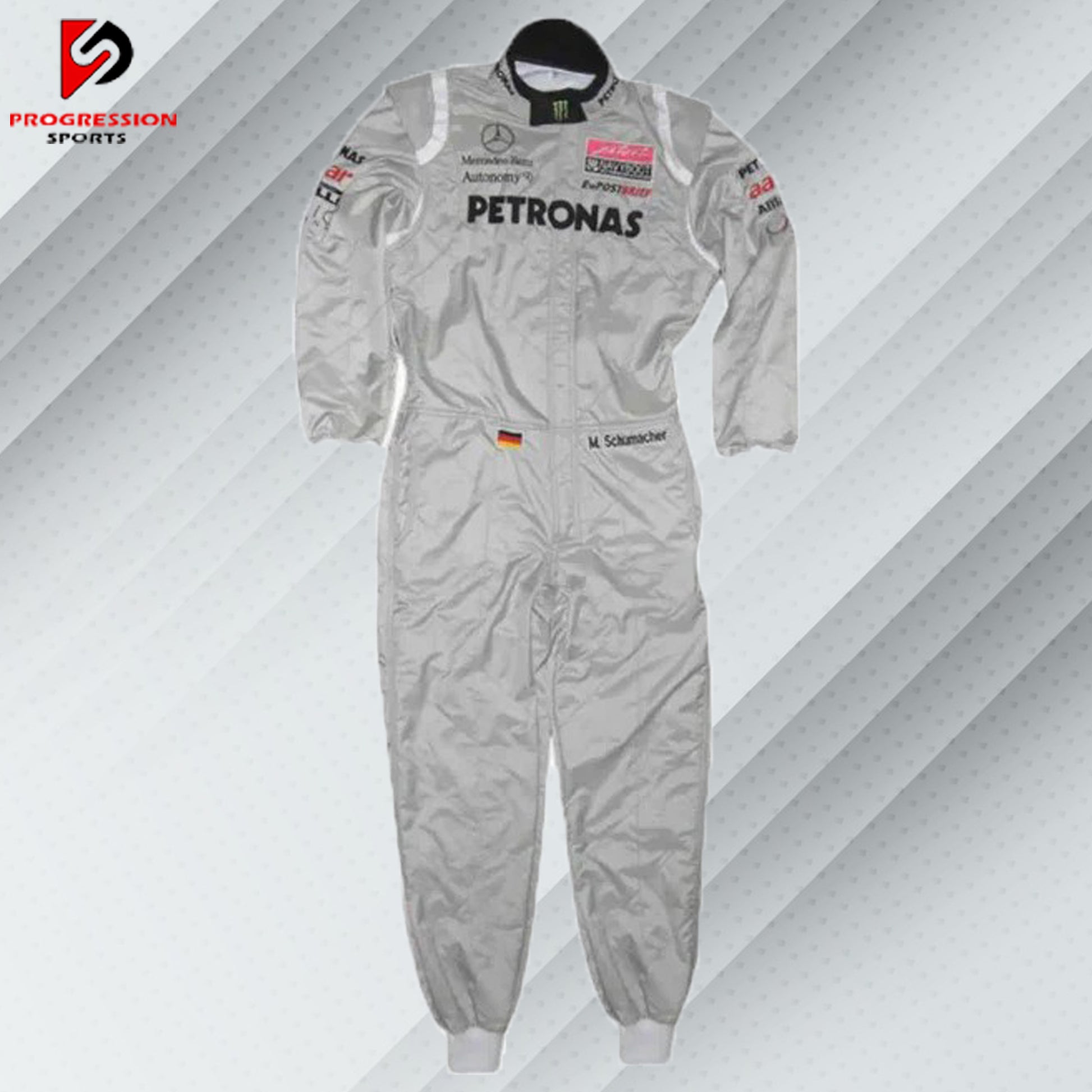 2011 Michael Schumacher Silver  Mercedes Benz F1 race suit, embroidered with Mercedes-Benz and Petronas logos on the full name and detailed branding of the sponsors on his comeback season to Mercedes.