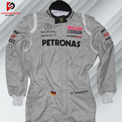 2011 Michael Schumacher Silver  Mercedes Benz F1 race suit, embroidered with Mercedes-Benz and Petronas logos on the full name and detailed branding of the sponsors on his comeback season to Mercedes.