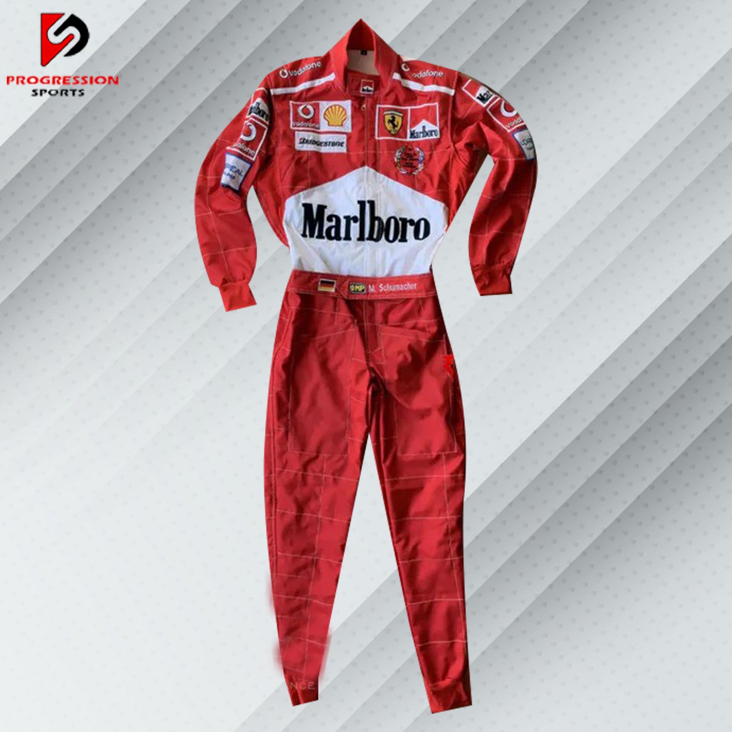 Michael Schumacher Ferrari F1 embroidered racing suit in the iconic color of Ferrari, complete with real sponsor logos such as Marlboro and Shell. It has the name of Schumacher and contains detailed embroidery for the championship years with Ferrari.