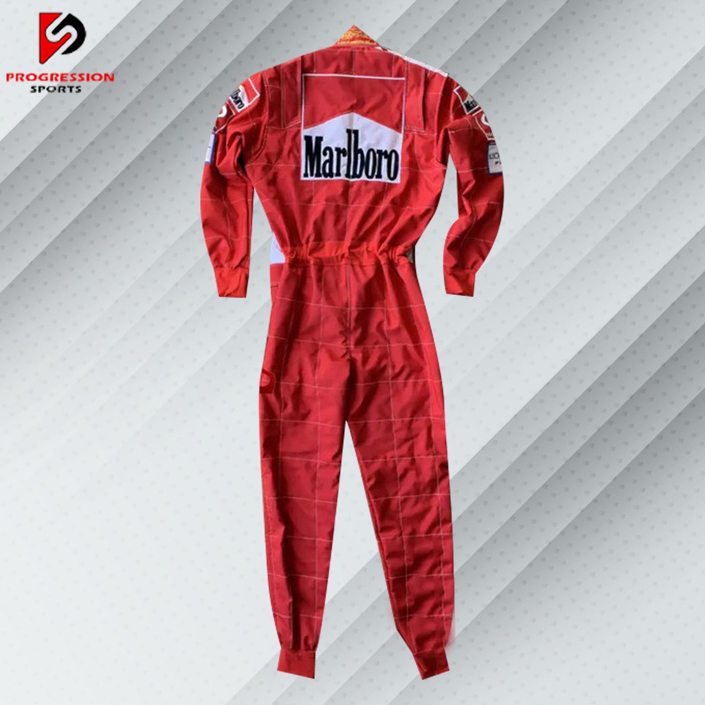 Michael Schumacher Ferrari F1 embroidered racing suit in the iconic color of Ferrari, complete with real sponsor logos such as Marlboro and Shell. It has the name of Schumacher and contains detailed embroidery for the championship years with Ferrari.