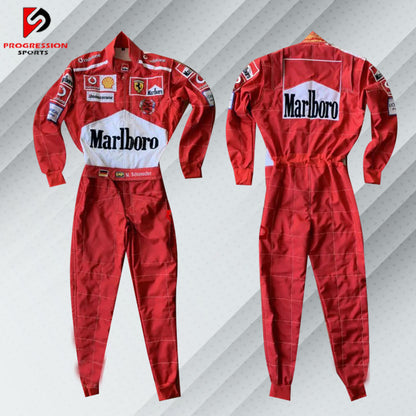 Michael Schumacher Ferrari F1 embroidered racing suit in the iconic color of Ferrari, complete with real sponsor logos such as Marlboro and Shell. It has the name of Schumacher and contains detailed embroidery for the championship years with Ferrari.