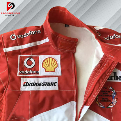 Michael Schumacher Ferrari F1 embroidered racing suit in the iconic color of Ferrari, complete with real sponsor logos such as Marlboro and Shell. It has the name of Schumacher and contains detailed embroidery for the championship years with Ferrari.