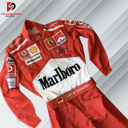 Michael Schumacher Ferrari F1 embroidered racing suit in the iconic color of Ferrari, complete with real sponsor logos such as Marlboro and Shell. It has the name of Schumacher and contains detailed embroidery for the championship years with Ferrari.