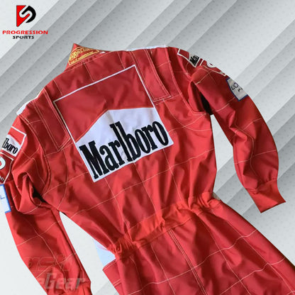 Michael Schumacher Ferrari F1 embroidered racing suit in the iconic color of Ferrari, complete with real sponsor logos such as Marlboro and Shell. It has the name of Schumacher and contains detailed embroidery for the championship years with Ferrari.