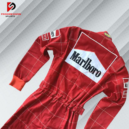 Michael Schumacher 1996 Marlboro F1 vintage embroidered racing suit, classic Marlboro red with Ferrari and Shell sponsor logos and the name is fully embroidered in detailing stitching, which marks his first season of racing for Go-Kart.