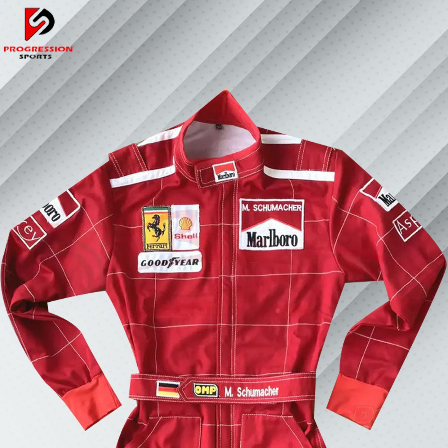 Michael Schumacher 1996 Marlboro F1 vintage embroidered racing suit, classic Marlboro red with Ferrari and Shell sponsor logos and the name is fully embroidered in detailing stitching, which marks his first season of racing for Go-Kart.