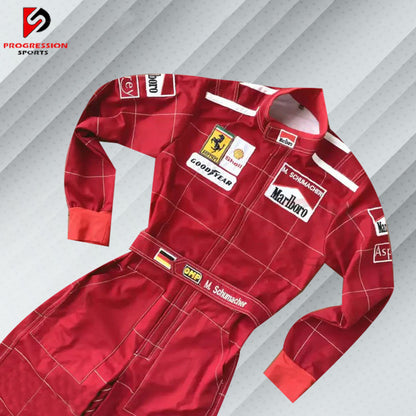 Michael Schumacher 1996 Marlboro F1 vintage embroidered racing suit, classic Marlboro red with Ferrari and Shell sponsor logos and the name is fully embroidered in detailing stitching, which marks his first season of racing for Go-Kart.