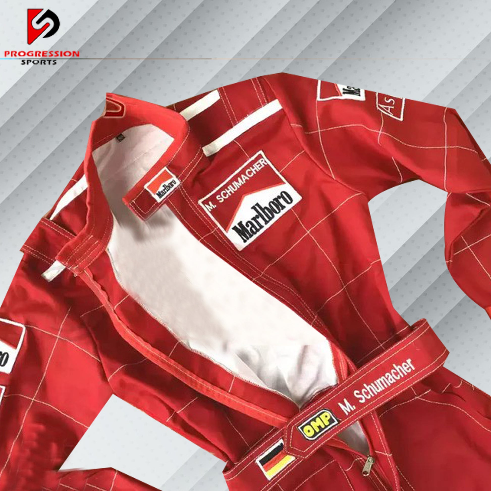 Michael Schumacher 1996 Marlboro F1 vintage embroidered racing suit, classic Marlboro red with Ferrari and Shell sponsor logos and the name is fully embroidered in detailing stitching, which marks his first season of racing for Go-Kart.