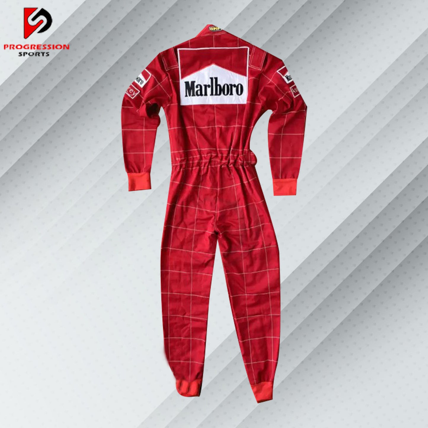 Michael Schumacher 1996 Marlboro F1 vintage embroidered racing suit, classic Marlboro red with Ferrari and Shell sponsor logos and the name is fully embroidered in detailing stitching, which marks his first season of racing for Go-Kart.