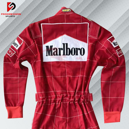 Michael Schumacher 1996 Marlboro F1 vintage embroidered racing suit, classic Marlboro red with Ferrari and Shell sponsor logos and the name is fully embroidered in detailing stitching, which marks his first season of racing for Go-Kart.