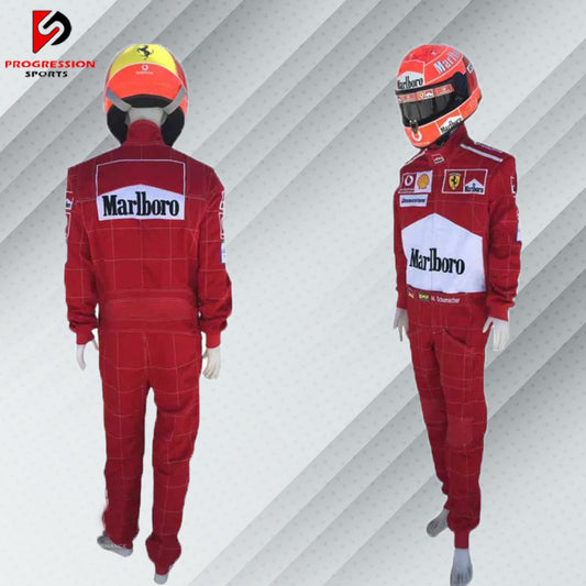 2004 Michael Schumacher Ferrari F1 embroidered racing suit in Ferrari red. Sponsor logos feature on the chest and sleeves of the suit, which also bears Schumacher's name and includes very detailed embroidery for his record-breaking seventh championship season.