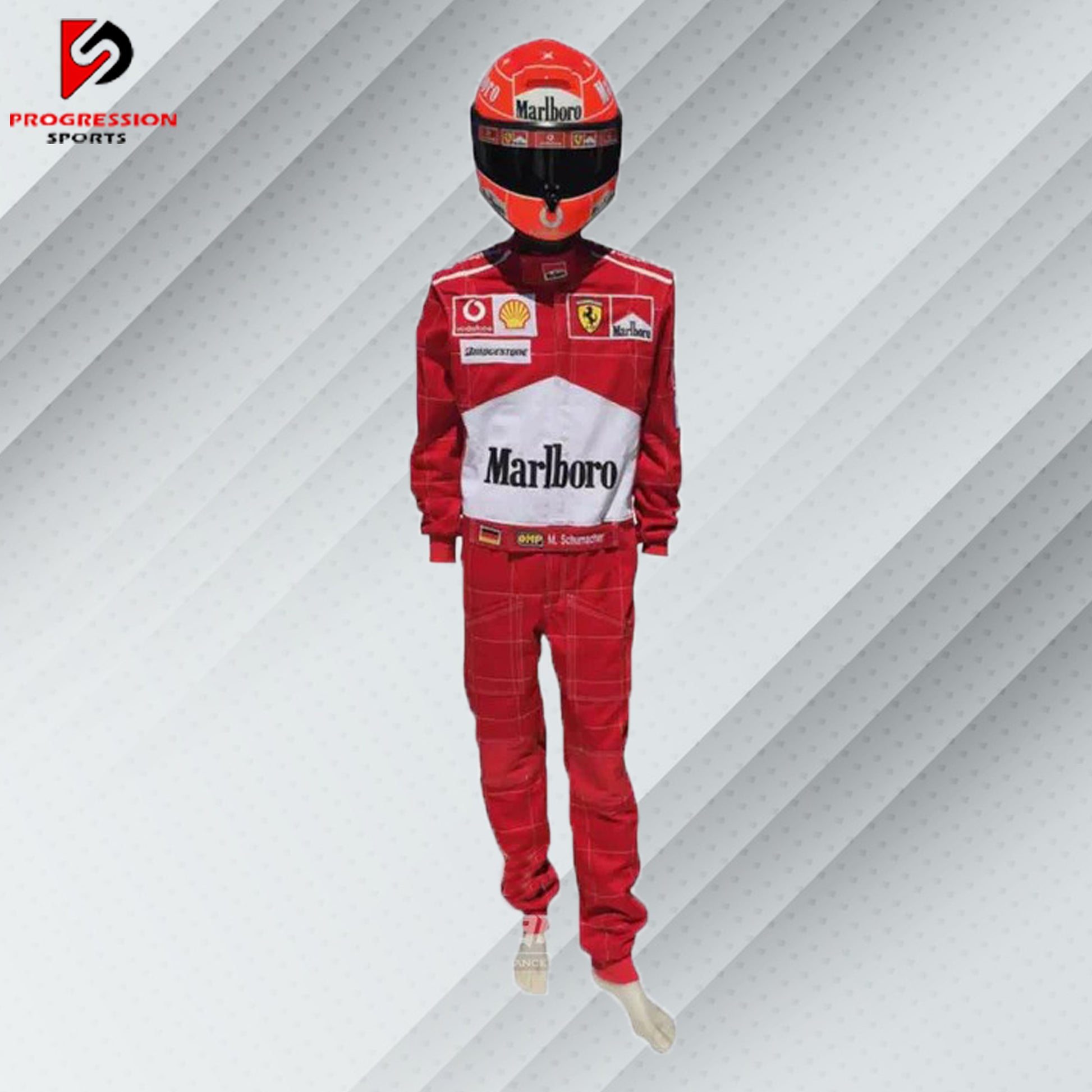 2004 Michael Schumacher Ferrari F1 embroidered racing suit in Ferrari red. Sponsor logos feature on the chest and sleeves of the suit, which also bears Schumacher's name and includes very detailed embroidery for his record-breaking seventh championship season.