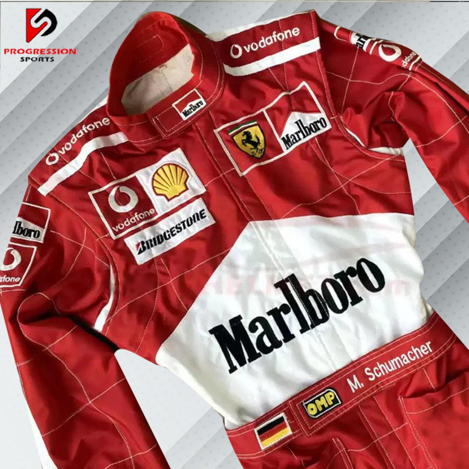 2006 Michael Schumacher Ferrari F1 embroidered racing suit in Ferrari red, showing off this matching logos including Marlboro and Shell. This apparel also carries Schumacher's name and fine stitching to symbolize the final season he spent with Ferrari before retiring.