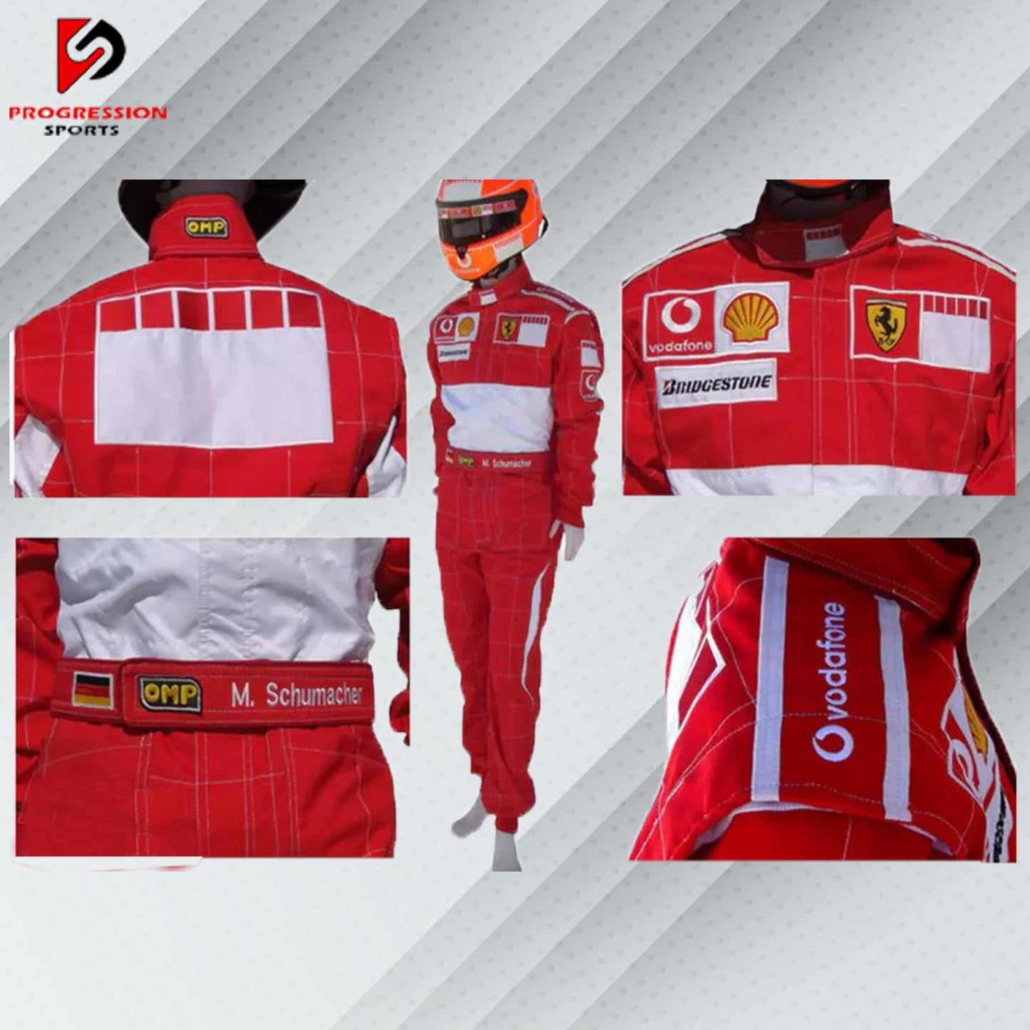 2006 Michael Schumacher Ferrari F1 racing suit with the barcode design instead of the Marlboro logo, in Ferrari red with detailed logos of sponsors Shell and featuring Schumacher's name representing his last season with Ferrari.