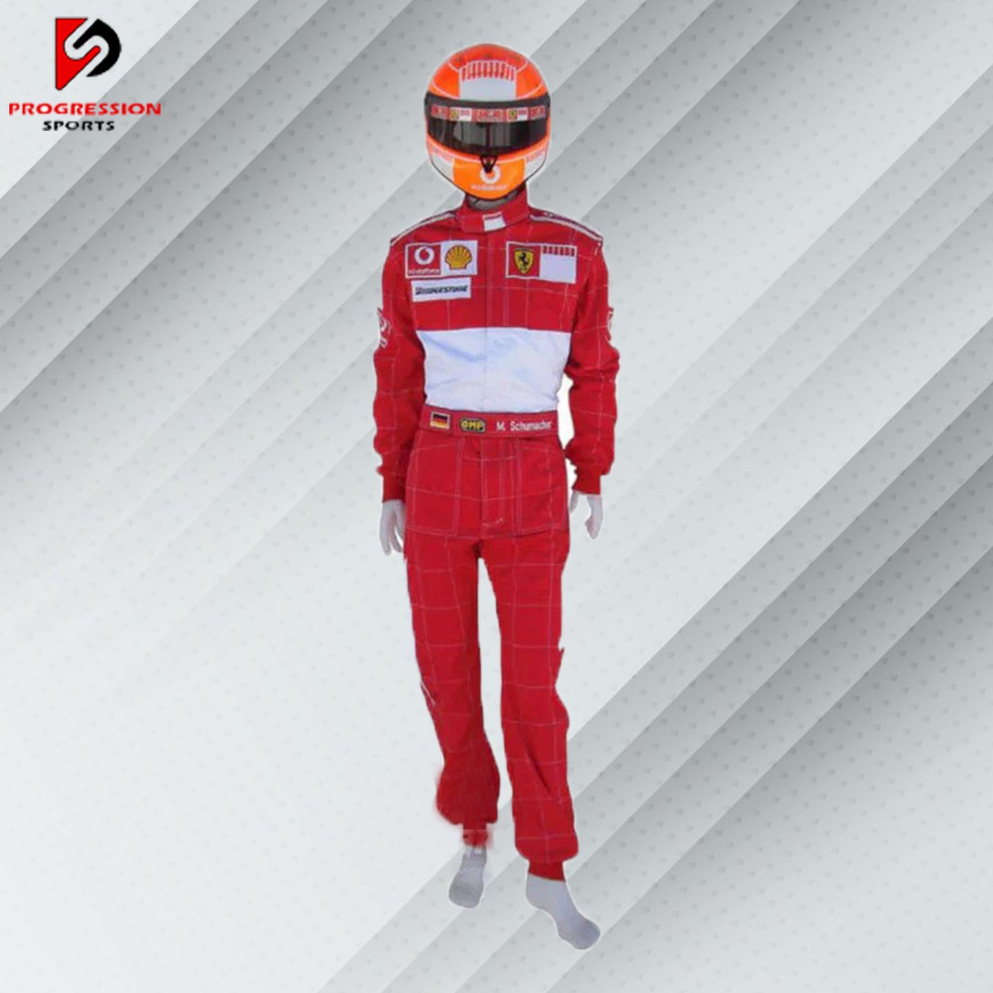 2006 Michael Schumacher Ferrari F1 racing suit with the barcode design instead of the Marlboro logo, in Ferrari red with detailed logos of sponsors Shell and featuring Schumacher's name representing his last season with Ferrari.