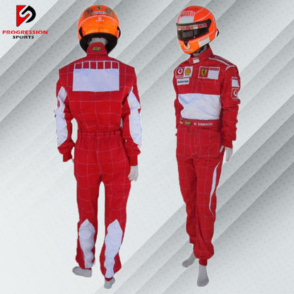 2006 Michael Schumacher Ferrari F1 racing suit with the barcode design instead of the Marlboro logo, in Ferrari red with detailed logos of sponsors Shell and featuring Schumacher's name representing his last season with Ferrari.