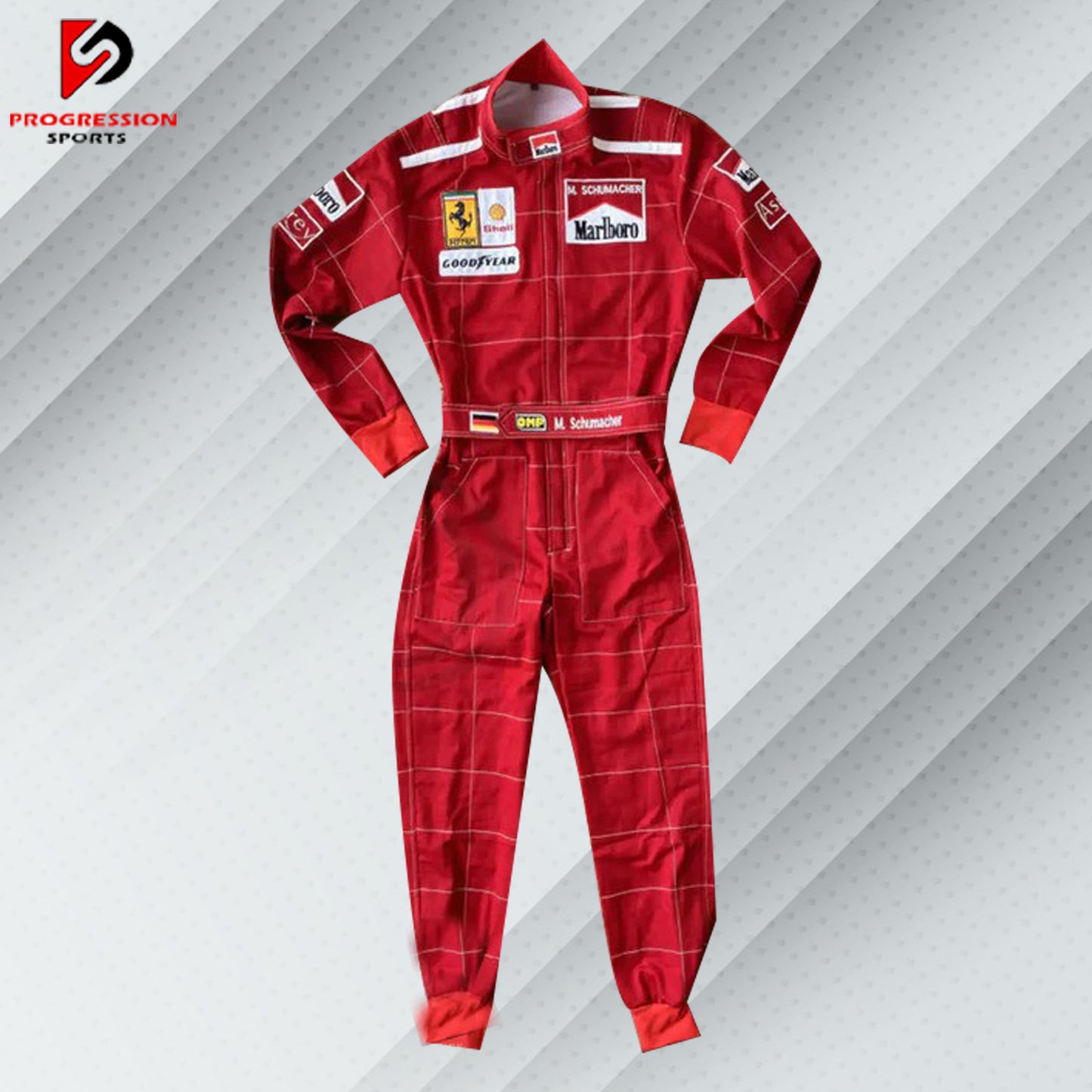 Michael Schumacher 1996 Marlboro F1 vintage embroidered racing suit, classic Marlboro red with Ferrari and Shell sponsor logos and the name is fully embroidered in detailing stitching, which marks his first season of racing for Go-Kart.