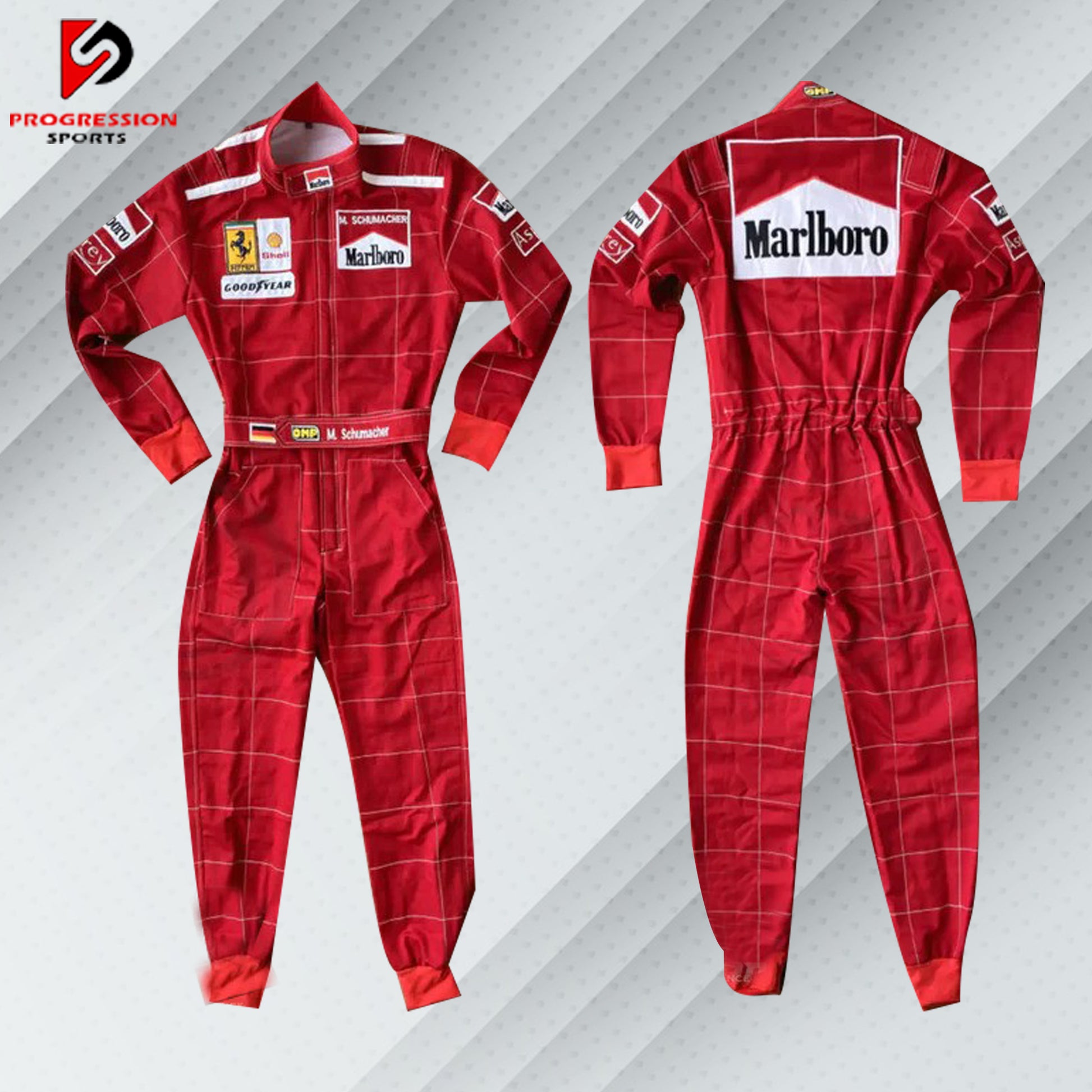 Michael Schumacher 1996 Marlboro F1 vintage embroidered racing suit, classic Marlboro red with Ferrari and Shell sponsor logos and the name is fully embroidered in detailing stitching, which marks his first season of racing for Go-Kart.