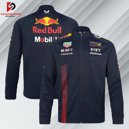 "Black Red Bull jacket designed by Progression Sports, featuring premium embroidery, a sleek fit, and customizable details for a dynamic and stylish look."