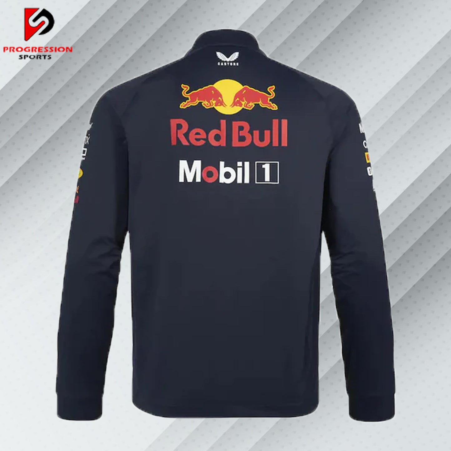 "Black Red Bull jacket designed by Progression Sports, featuring premium embroidery, a sleek fit, and customizable details for a dynamic and stylish look."