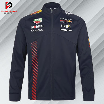 "Black Red Bull jacket designed by Progression Sports, featuring premium embroidery, a sleek fit, and customizable details for a dynamic and stylish look."