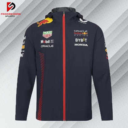 "Black Red Bull jacket designed by Progression Sports, featuring premium embroidery, a sleek fit, and customizable details for a dynamic and stylish look."