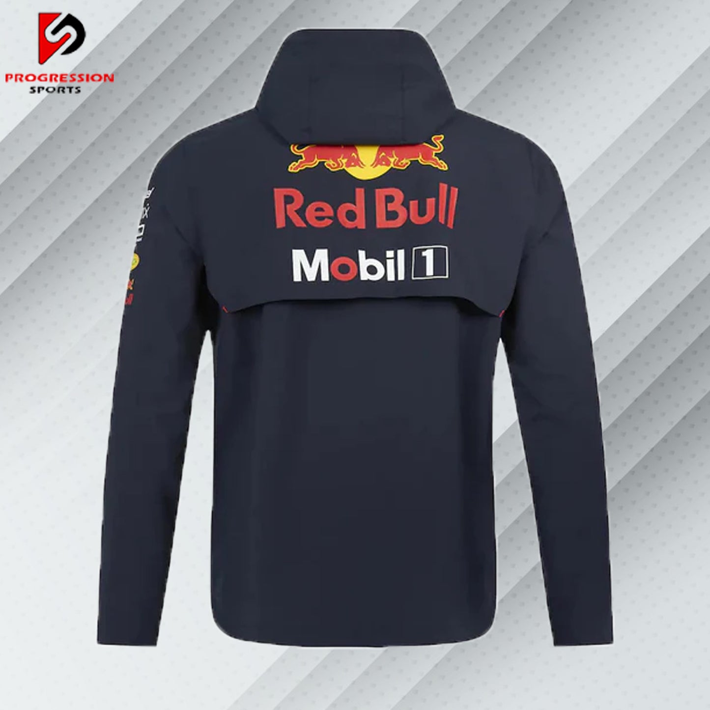 "Black Red Bull jacket designed by Progression Sports, featuring premium embroidery, a sleek fit, and customizable details for a dynamic and stylish look."